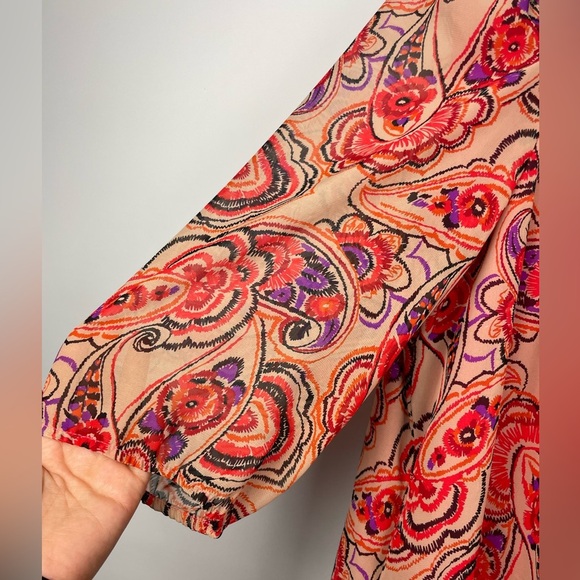 Rabbit Design Tan Purple‎ Red Paisley Boho 3/4 Sleeve Babydoll Mini Dress - Picture 4 of 7